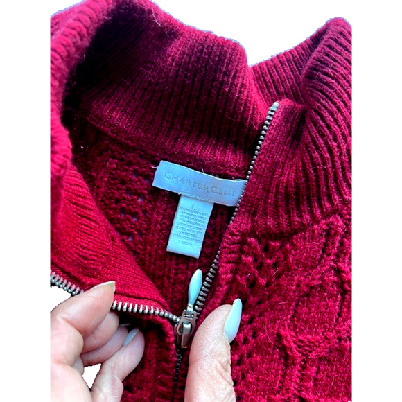 Charter Club Size L Front Zip up Cable Knit Sweater RED Pre-owned, Excellent - Picture 3 of 8